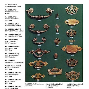May include: A selection of cabinet hardware, including bail pulls, plate and ball pulls, plate and bail pulls, pendant pulls, and a keyhole escutcheon. The hardware is made of brass and has a polished finish. The hardware is shown on a green background with the product numbers and dimensions listed below each piece.