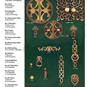 May include: A selection of cabinet hardware, including knobs, pulls, and plates, in various styles and sizes. The hardware is made of brass and has a polished finish. The image includes the text "Cabinet Hardware" and "Made in the USA by Decorative Hardware Studio Inc. Chappaqua, NY 10514".