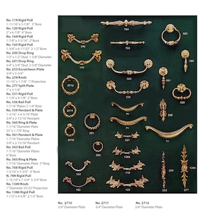 May include: A selection of cabinet hardware in gold finish, including pulls, knobs, rings, and plates. The hardware is displayed on a green background.  Cabinet Hardware Show is supplied with 8-32 x 1" mounting screws.
