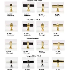 May include: A product catalog featuring various T-knob designs. Styles include Simplicity, Colonial, Cubic, and Hexagonal collars. Knobs come in white, black, and clear acrylic, as well as solid rod options. Each knob is labeled with a number.