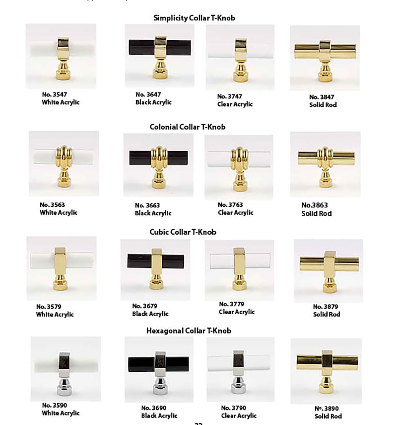 T-Knobs for cabinets and drawers available in clear, black, white acrylic rod and solidrod