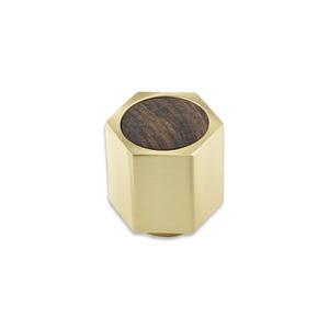 May include: A hexagonal brass object with a dark wood inset on top. The brass has a matte finish, and the wood grain is visible. The object is likely a decorative item or a small container.