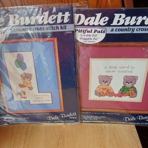 Vintage Dale Burdett Set of 2 Country Cross Stitch Kit Pitiful Pals &quot;Loveable Pal Huggable Pal & &quot;Loveable Pal with Balloons&quot; Unopened