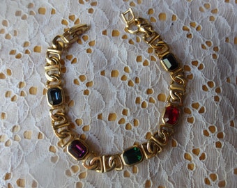 Vintage Blanca Gold Tone Color Rhinestones/Glass Charms Bracelet 7 inches