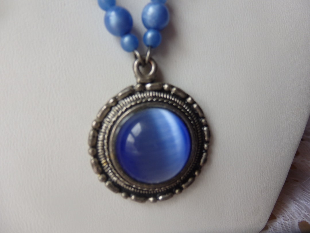 Blue Moon Pendant on Silver Tone Chain With Tiny Blue Beads Necklace ...