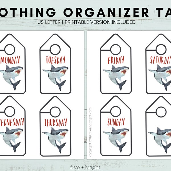 Closet Organization Printables - Shark themed Days of the Week Hanger Tags- INSTANT DOWNLOAD