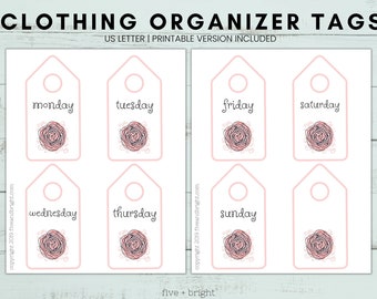Printable Clothes Hanger Organizer Tags: Days of the Week, kids closet organization, closet organization -  INSTANT DOWNLOAD