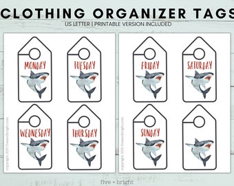 Closet Organization Printables - Shark themed Days of the Week Hanger Tags- INSTANT DOWNLOAD