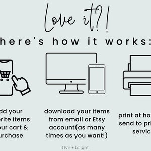Puede incluir: Ilustraci&oacute;n que muestra c&oacute;mo comprar y descargar art&iacute;culos imprimibles digitales. Agrega art&iacute;culos a tu carrito, desc&aacute;rgalos desde tu correo electr&oacute;nico o cuenta de Etsy, e impr&iacute;melos en casa o env&iacute;alos a un servicio de impresi&oacute;n.