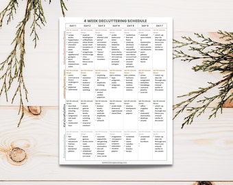 May include: A printable 4-week decluttering schedule with a list of items to declutter each day. The schedule is divided into seven days, with each day focusing on a different area of the home. The areas include the kitchen, bathroom, bedroom, office, and more.