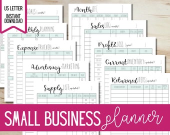 May include: A printable small business planner with pages for goals, monthly planning, expense tracking, advertising and marketing, supply lists, sales logs, profit and loss statements, current inventory, and returned items. The planner is designed for US Letter size paper.