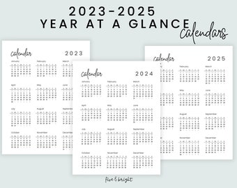 2023-2025 Yearly Calendars, Year at a Glance Printable Landscape, Minimalist Calendar, Yearly Wall Calendar, Desk Calendar, Download | M-49
