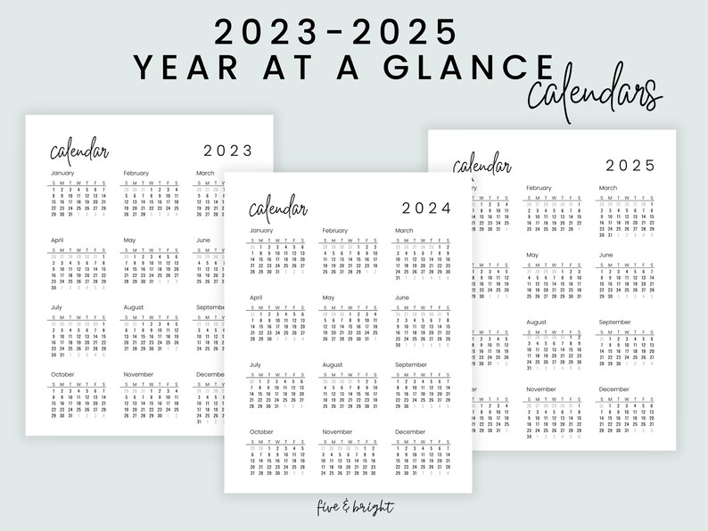 20232025 Yearly Calendars Year at a Glance Printable Etsy