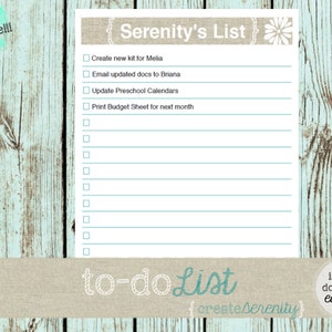 May include: A printable to-do list with a brown burlap background and a blue floral design. The list is titled "Serenity's List" and includes items such as "Create new kit for Melia" and "Email updated docs to Briana".