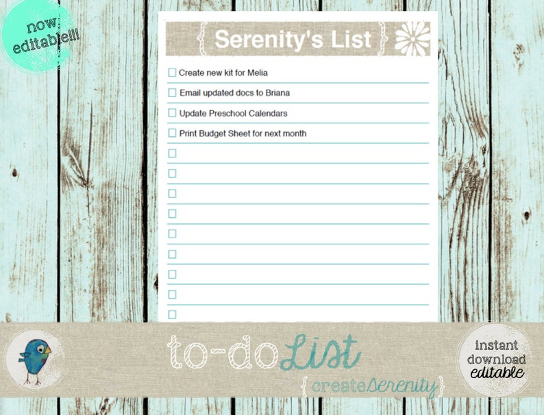 May include: A printable to-do list with a brown burlap background and a blue floral design. The list is titled "Serenity's List" and includes items such as "Create new kit for Melia" and "Email updated docs to Briana".