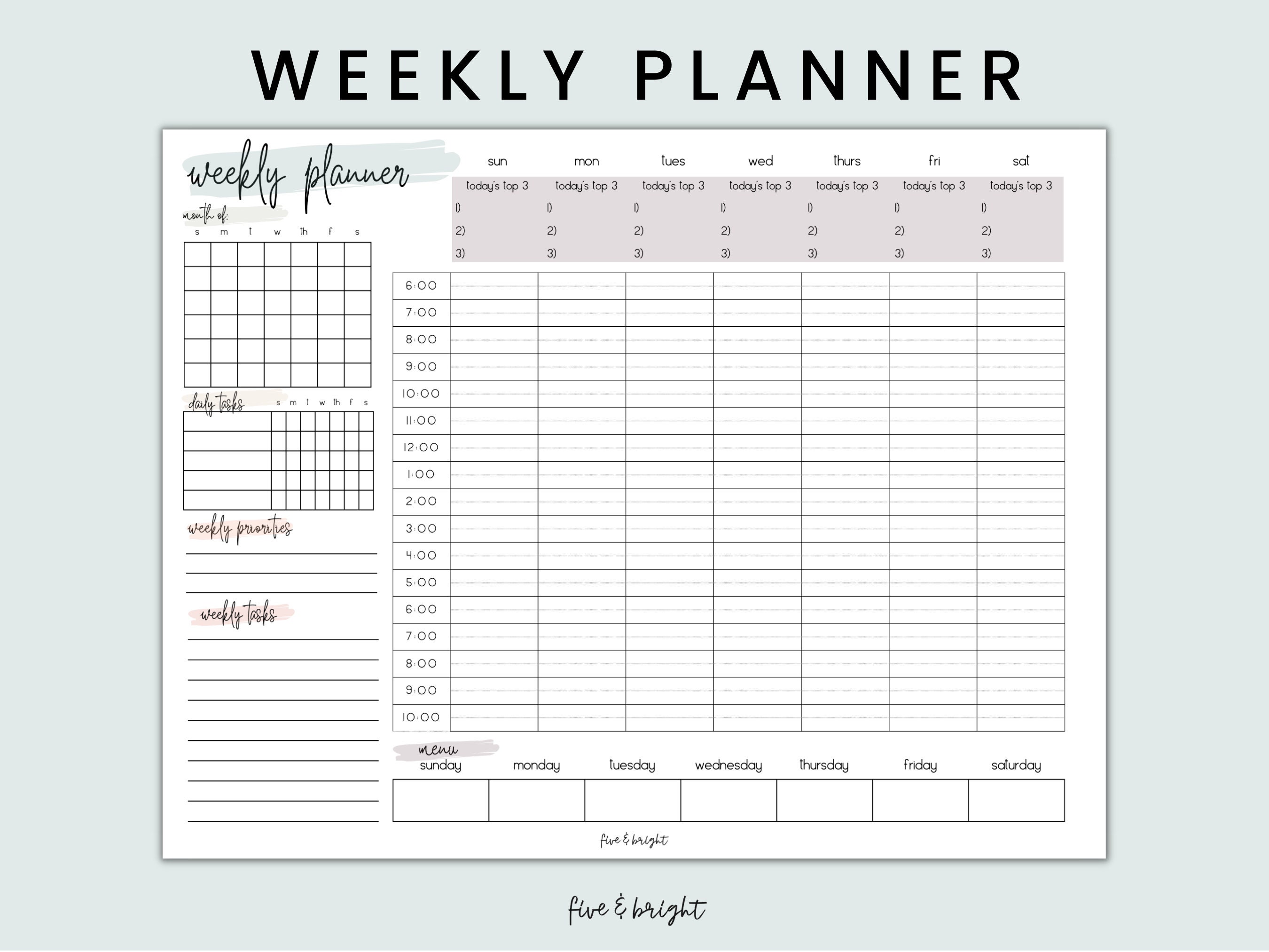 Printable Weekly Planner, Hourly Schedule Planner, Insert Set, Fillable ...