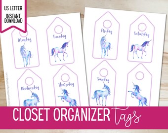 Terug naar schoolkleding Organiseren van Tags - Eenhoorn thema - Dagen van de Week Hanger Tags - INSTANT DOWNLOAD