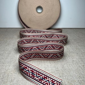 Ribbon Etnic traditional Latvian  Beige base with burgundy/blue pattern  Tautiskā lente «Krustpils josta» | Bēša a bordo