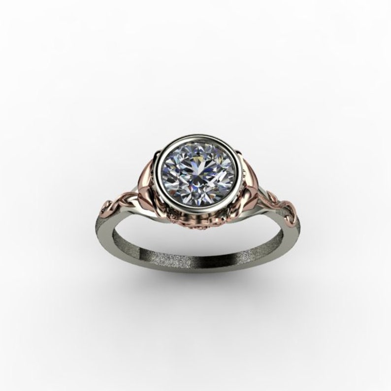 Two Tone Engagement Ring with Rose Gold Floral Design | Etsy