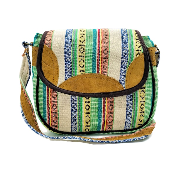 Cotton and Leather Purse. Handmade Hippie Purse. Natural, Colorful Bohemian purse. Hobo bag. Naturalist bag