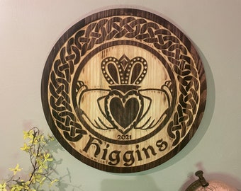 24” customized last name anniversary date carved wooden claddagh wall hanging