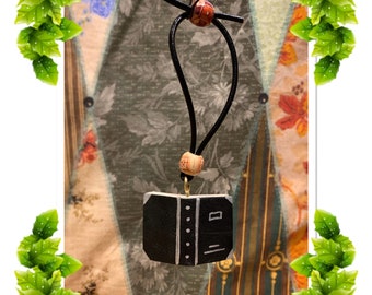 Mini Open-Book - Handmade Christmas Ornament (Black Leather with Silver details)