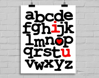 I Love You Alphabet Print - Love Poster, Nursery Art, Black and Red Wall Decor, Bedroom Wall Art, Engagement Gift, Modern Minimalist Design