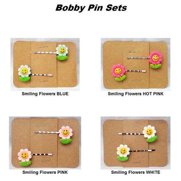 Sale SMILING FLOWERS Bobby PIn Hair Clip Accessory - Set of 2 Handmade (You choose color)