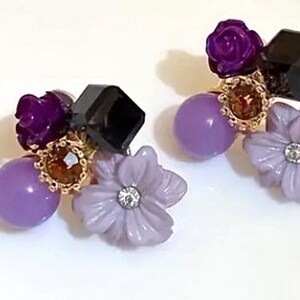 PURPLE FLOWER COLLAGE Stud Post Earrings Jewelry Set Pair