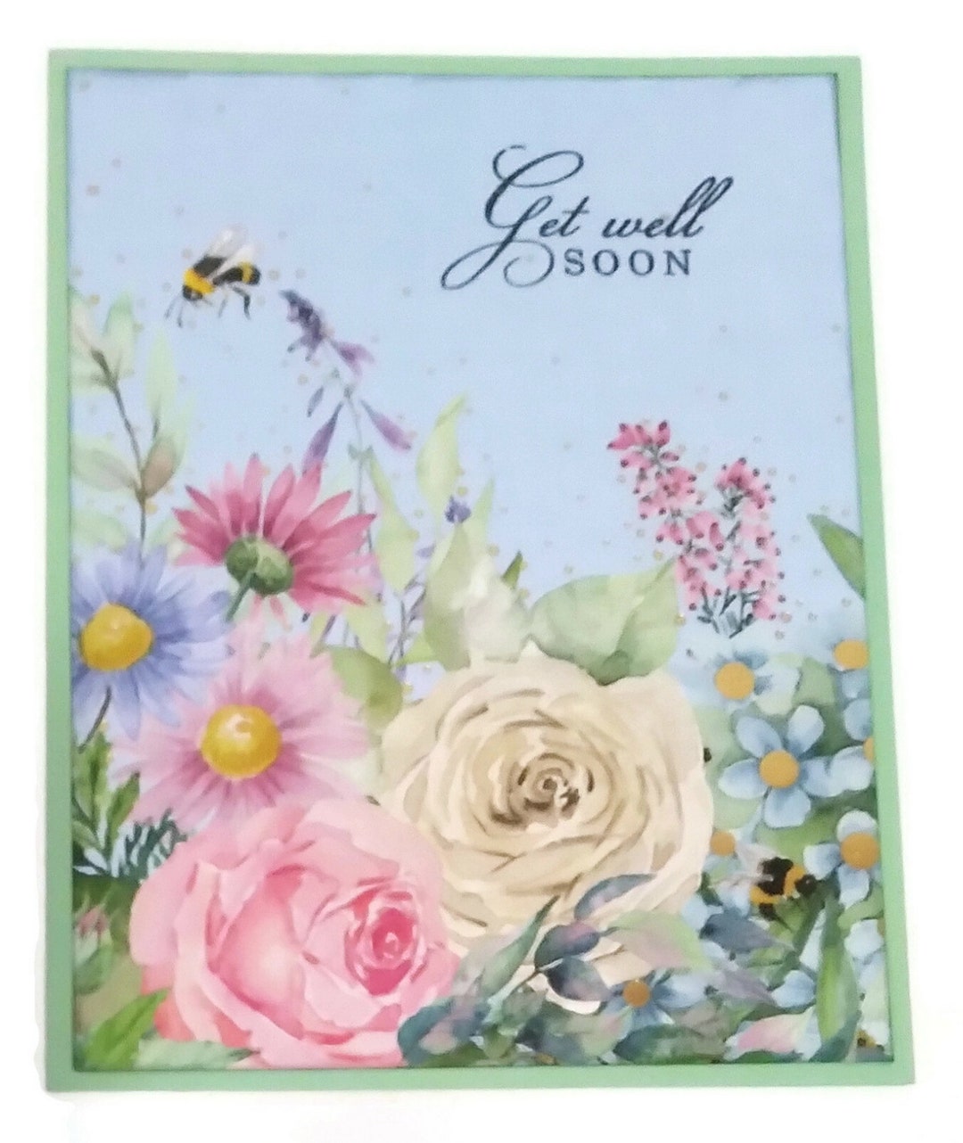 Get Well Soon Greeting Card FLOWER GLITTER - Handmade 5 X 7 Ivory Base ...