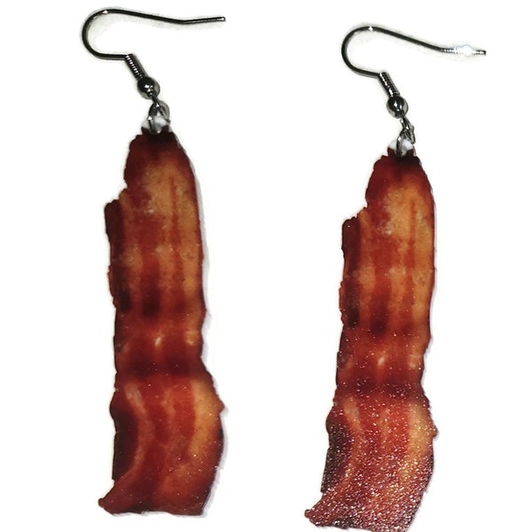 BACON STRIPS Food ACRYLIC Wire Drop Earrings with Silver Hooks