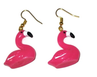 Sale PINK FLAMINGO 3D Animal Wire Drop Earrings with Gold Hooks