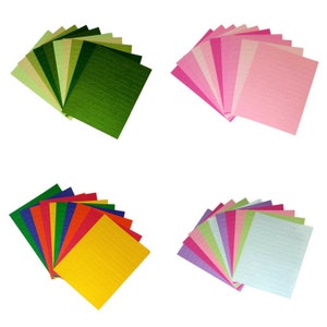 May include: Four sets of textured square paper in various colors. One set features shades of green, another pinks, a third set includes yellow, orange, red, blue, and a fourth set has purple, pink, green, and blue hues. The paper has a subtle embossed pattern.