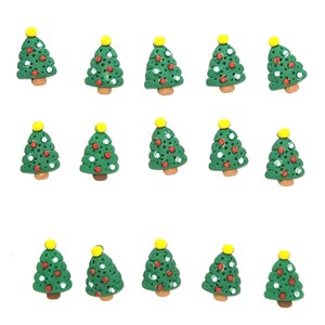 May include: A set of 18 green Christmas tree ornaments with red and white accents. The ornaments have a yellow star on top.