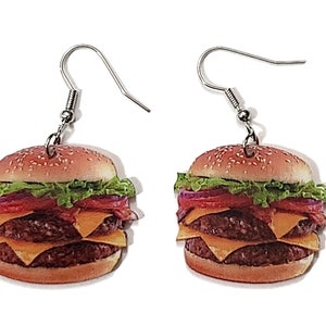 HAMBURGER Food ACRYLIC Wire Drop Earrings with Silver Hooks Clothing Accesory