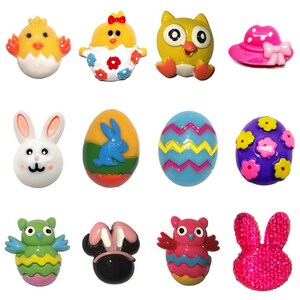 May include: Assortment of 10 Easter-themed resin embellishments.  Includes a chick, bunny, owl, and egg designs in various colors.