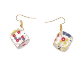 DICE Game 3D Wire Drop Earrings with Gold Hooks