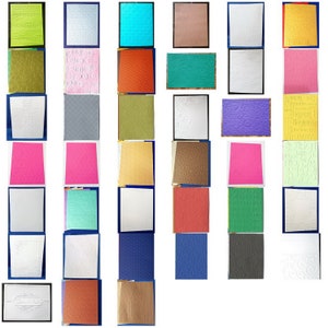 May include: A collection of textured cardstock in various colors, including pink, green, and blue. The embossed designs feature patterns like musical notes, swirls, and geometric shapes. Some cards have text, such as "Thank You" and "Happy Birthday".