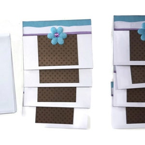 8 Mini Any Occasion NOTE CARDS - Blue Flower On Brown - Handmade with Envelope