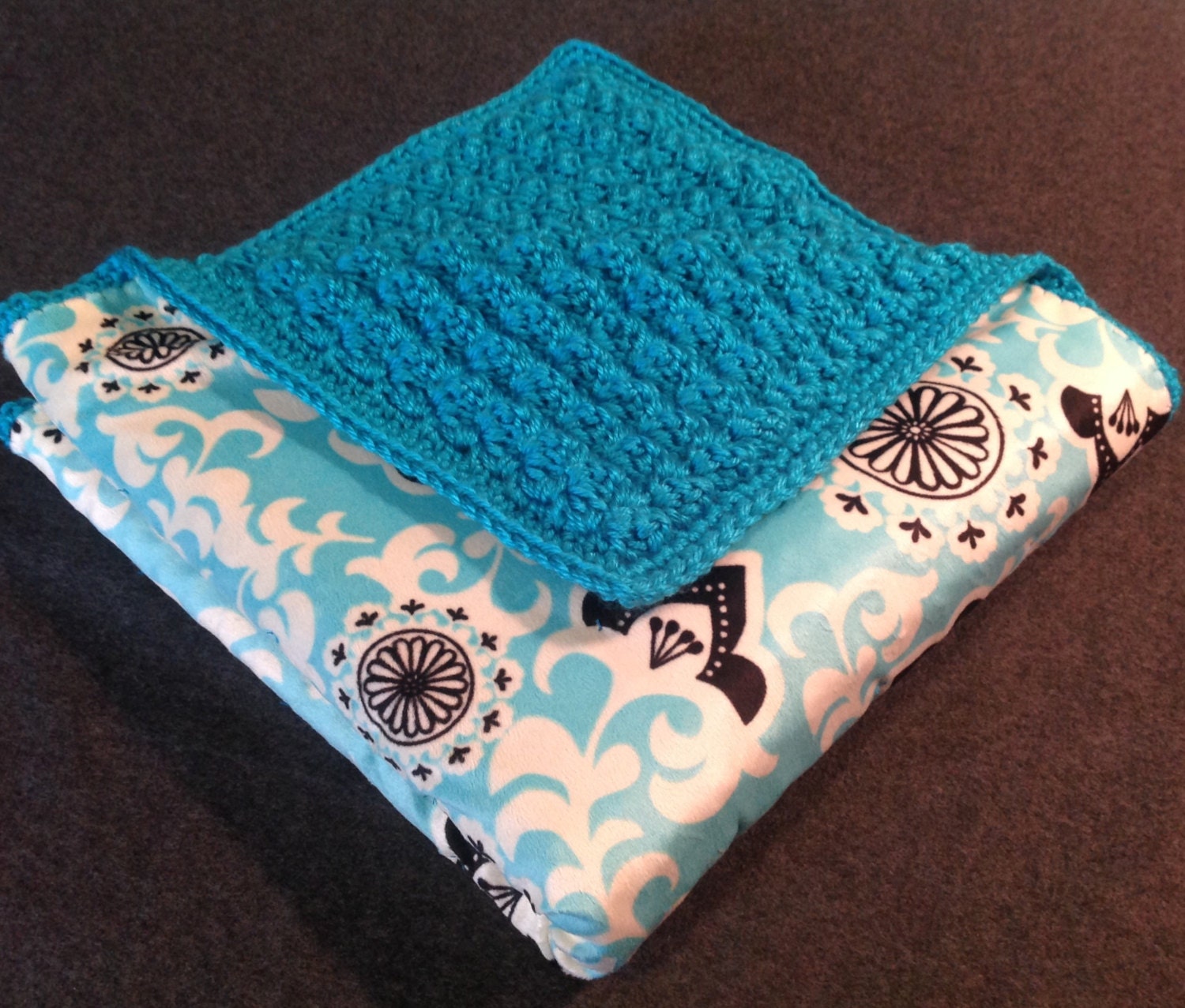 Crocheted baby blanket with fabric back Etsy