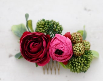 Fuchsia hair comb wedding, peony wedding comb, bright colours flower comb