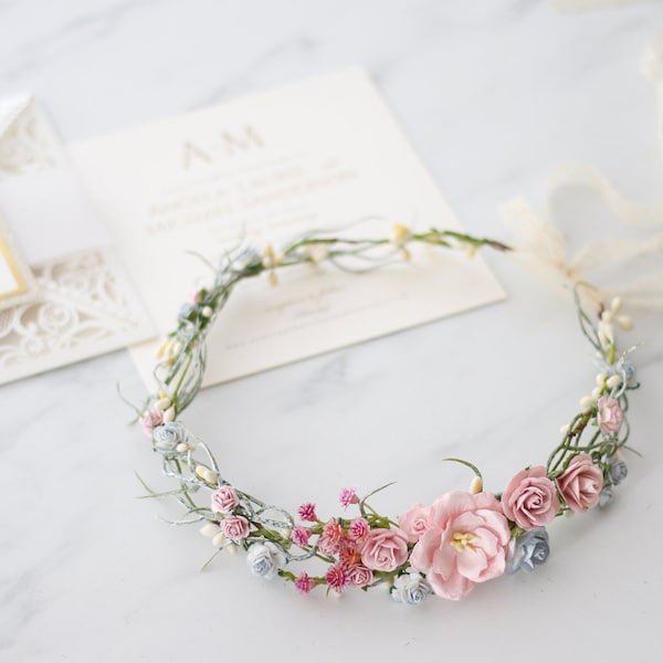 Blush flower crown wedding, floral hair crown, dainty flower crown, boho hair wreath, bridal rustic crown, bohemian floral crown