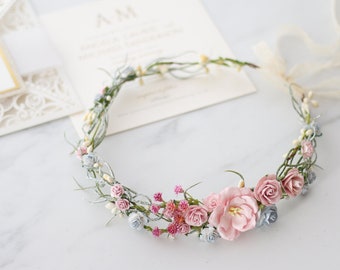 Blush flower crown wedding, floral hair crown, dainty flower crown, boho hair wreath, bridal rustic crown, bohemian floral crown