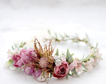 Rustic flower crown wedding, tie back flower crown, mauve bridal wreath
