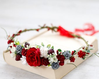Red rose flower crown, winter hair wreath, christmas flower crown, gray red hair accessories, red hair crown, rustic wedding headpiece