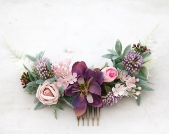 Purple flower comb for wedding, long bridal comb, wild flower hair comb, rustic floral headpiece, bridesmaid hair comb, flower hair clip