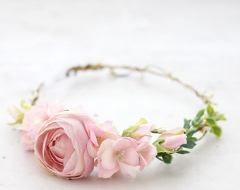 Blush peony flower crown wedding, rustic floral headband bride