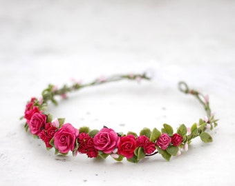 Fuchsia flower crown wedding, magenta flower hairpiece, hot pink white bridal crown, rustic flower girl tiara