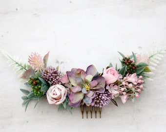 Purple mauve hair comb for wedding, boho bridal comb, bohemian floral headpiece, rustic floral hair piece