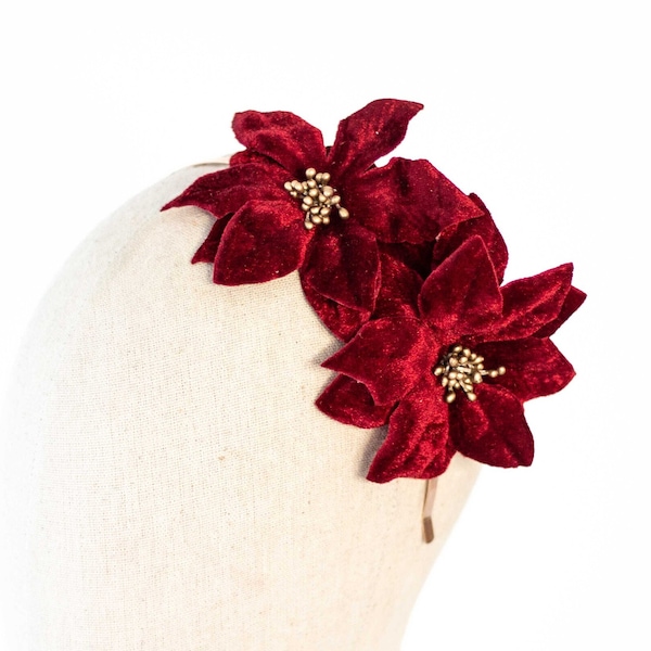 Velvet poinsettia flower headband, burgundy floral headband, winter flower fascinator, bridal headdress, races hairband, christmas headpiece